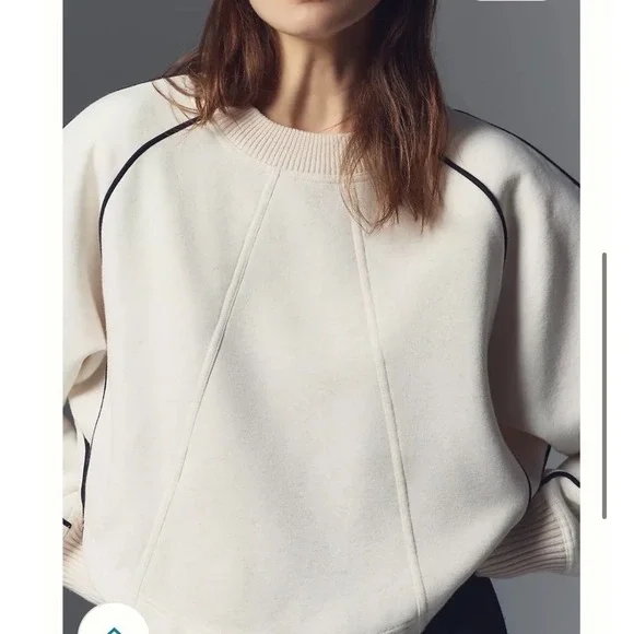 Anthropologie Maeve Paneled Warm Up Sweatshirt White Cotton Cropped Size Large - Picture 3 of 8